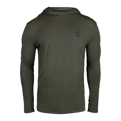 Green hoodie with a logo on a white background
