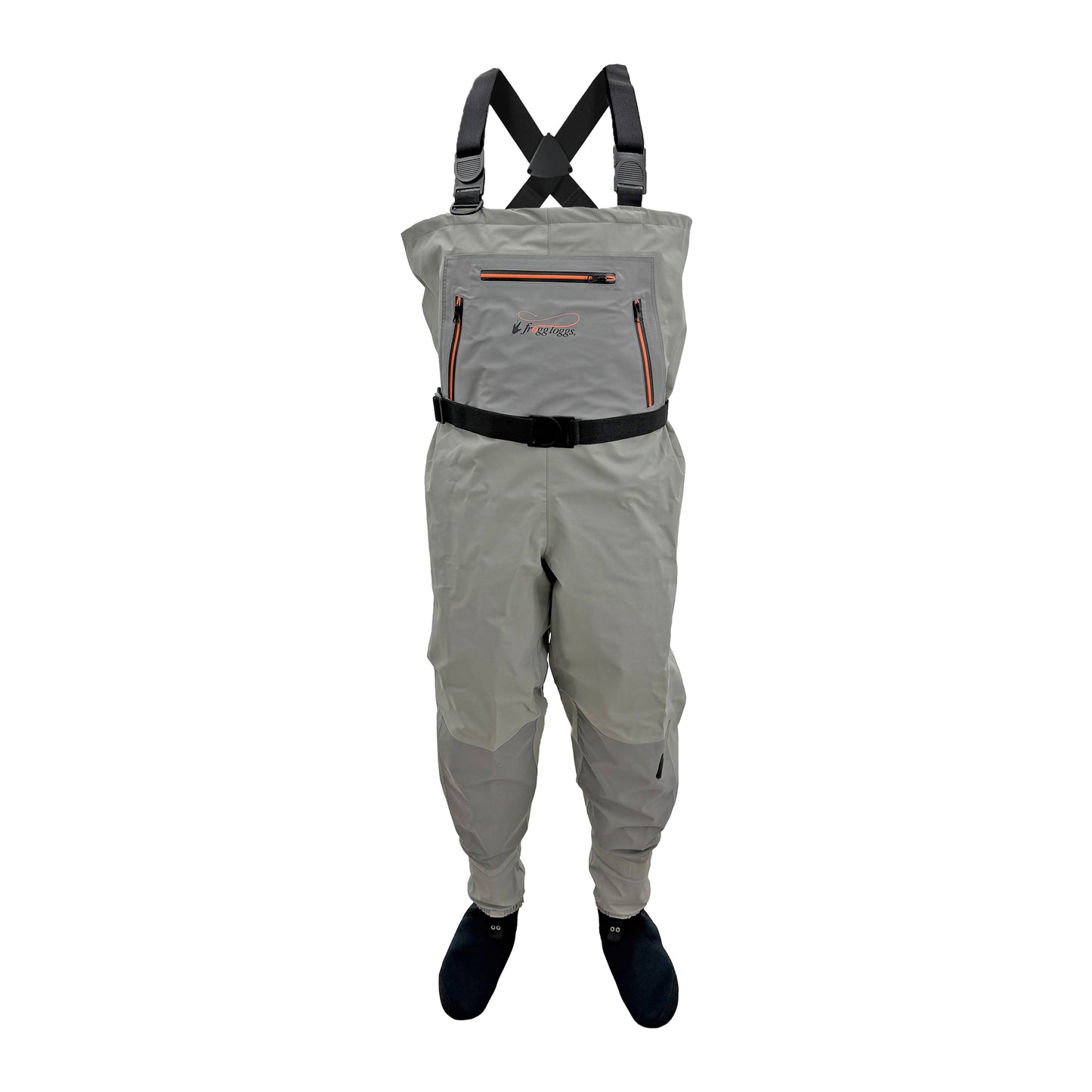 Gray waders with suspenders on a white background