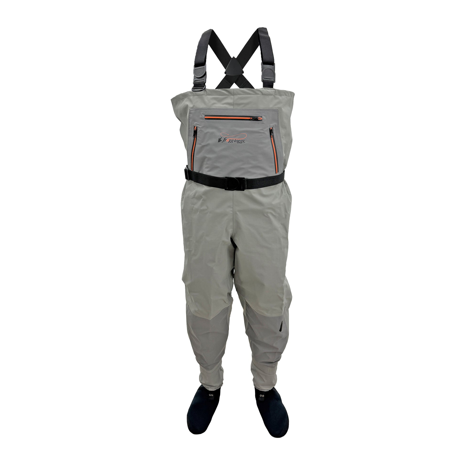 Gray waders with suspenders on a white background