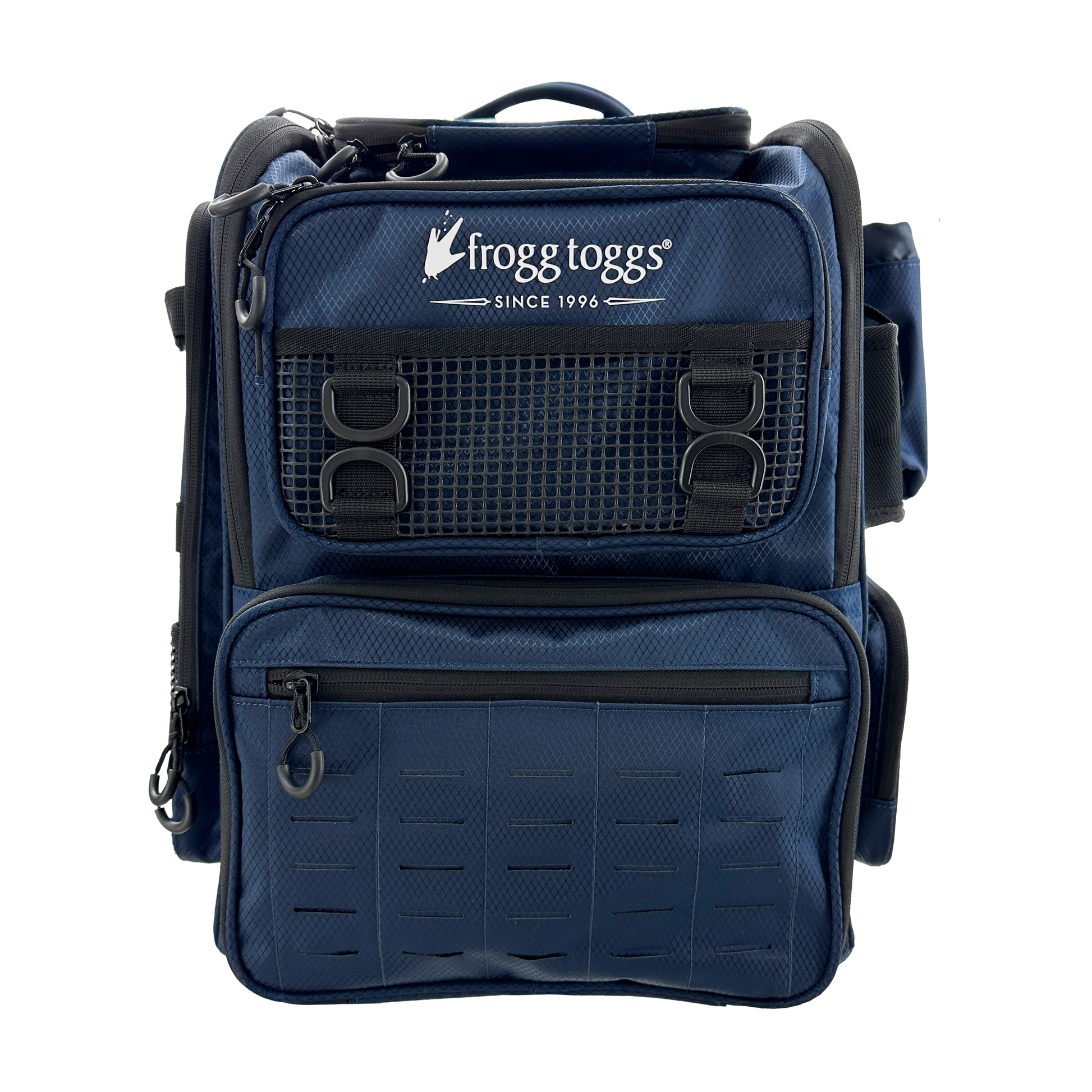 Blue fishing backpack with frogg toggs logo on a white background
