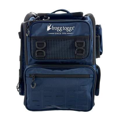 Blue fishing backpack with frogg toggs logo on a white background