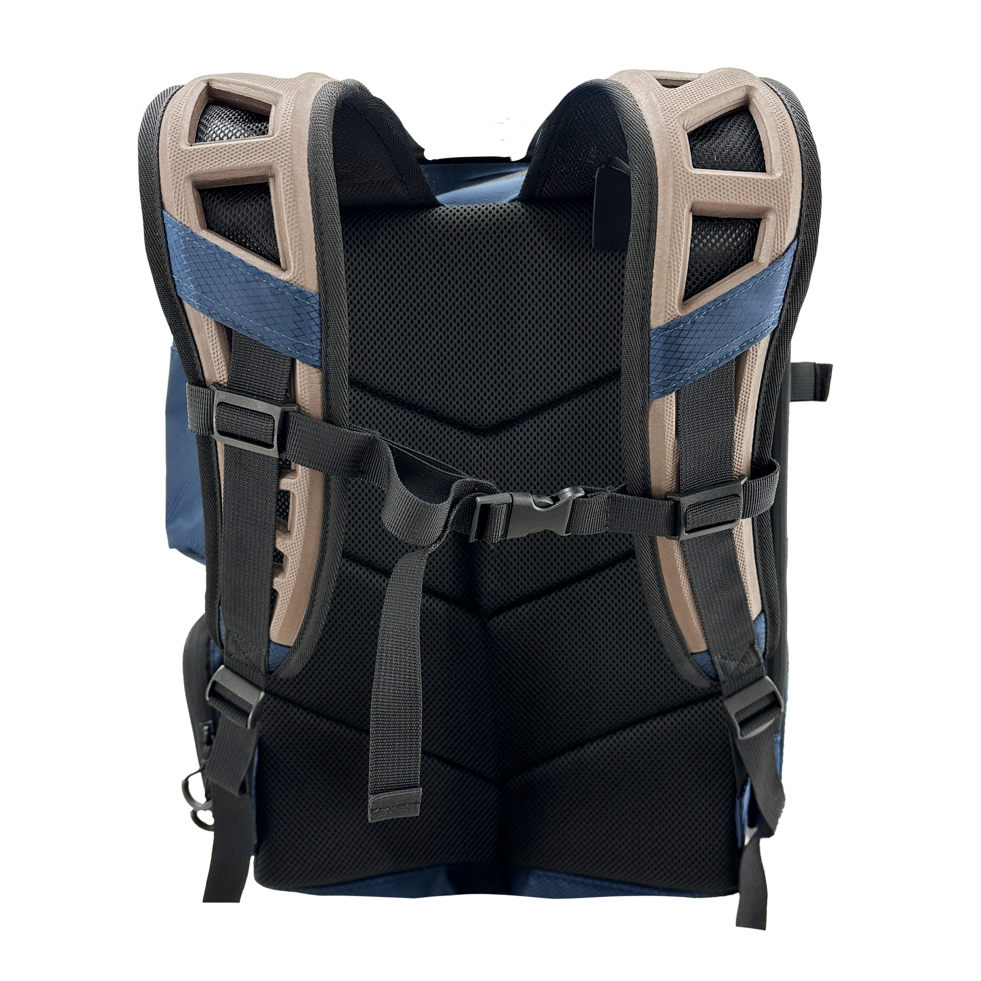Black and blue backpack with beige straps on a white background