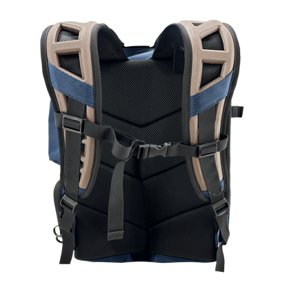 Black and blue backpack with beige straps on a white background