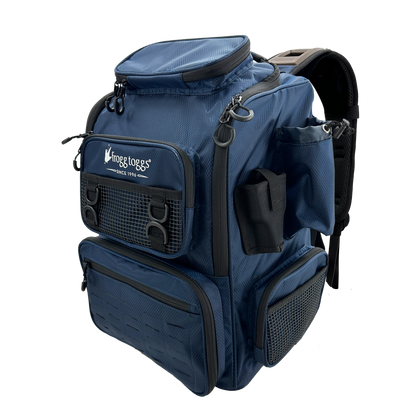 Blue backpack with black accents on a white background