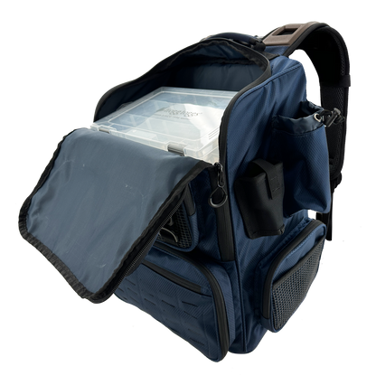 Blue backpack with open front compartment on a white background