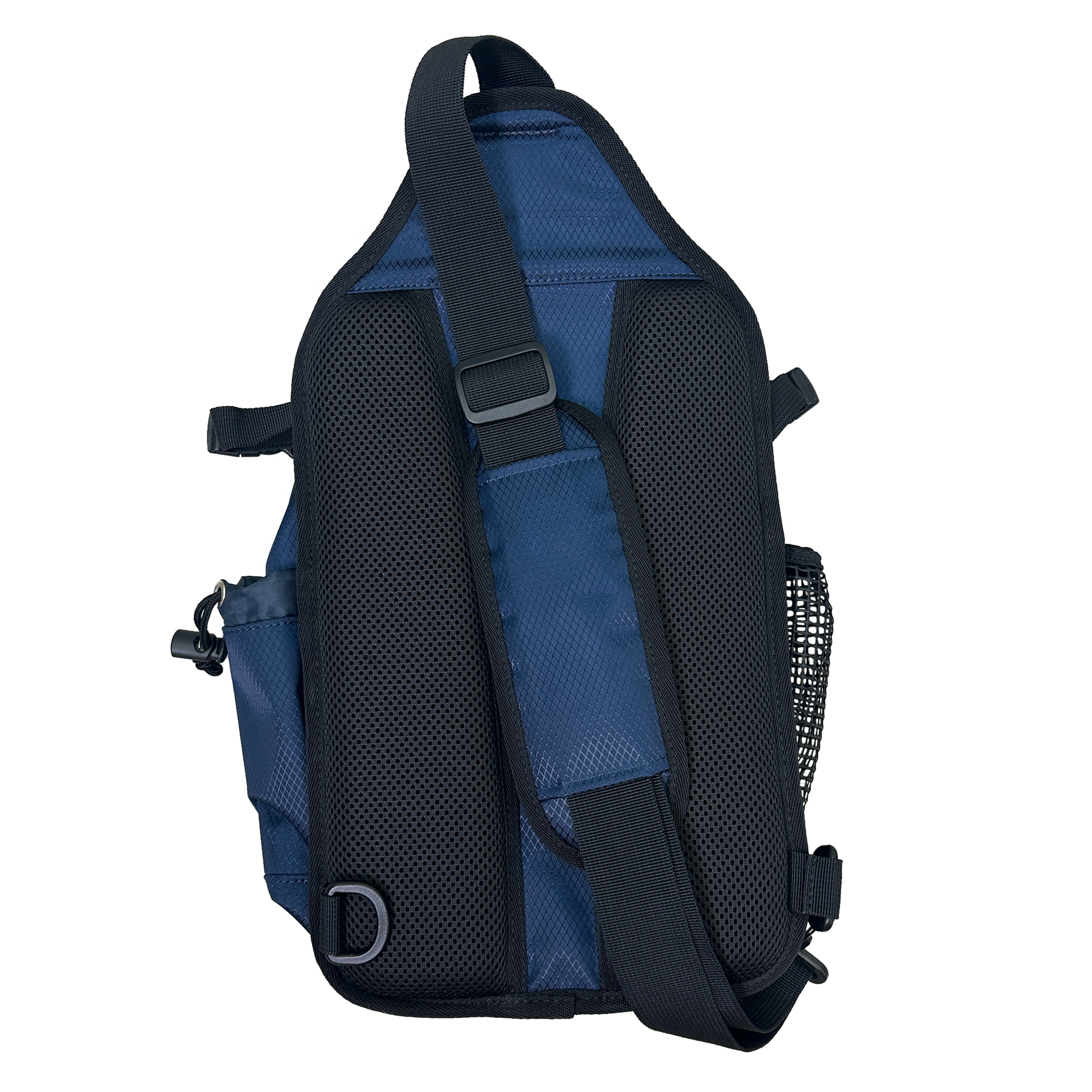 Blue and black sling bag on a white background