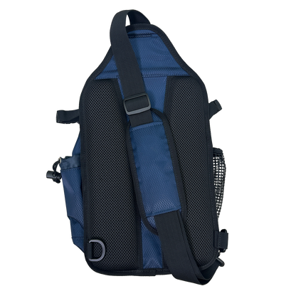 Blue and black sling bag on a white background