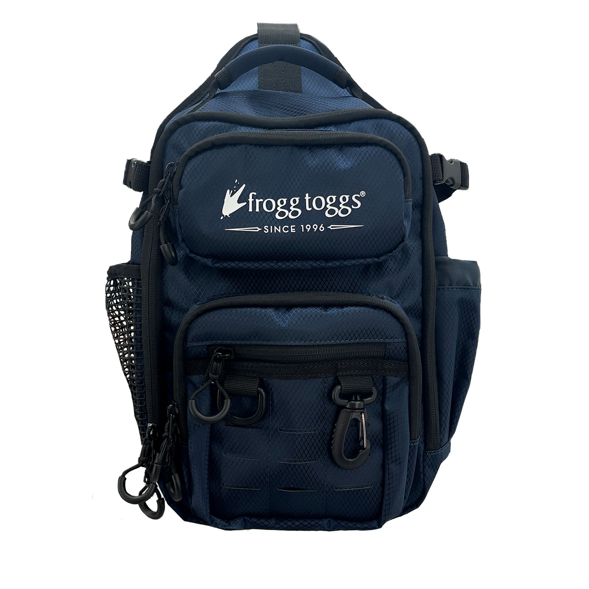 Navy blue fishing backpack with frogg toggs logo on a white background