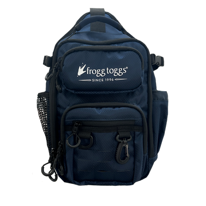 Navy blue fishing backpack with frogg toggs logo on a white background
