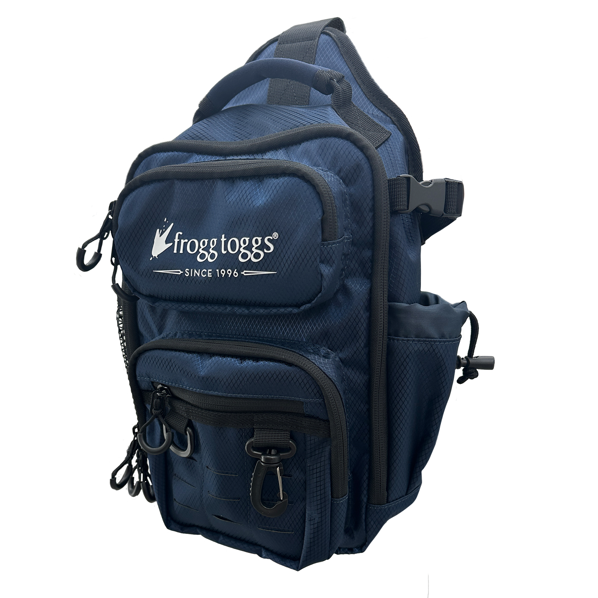 Blue sling bag with Frogg Toggs logo on a white background