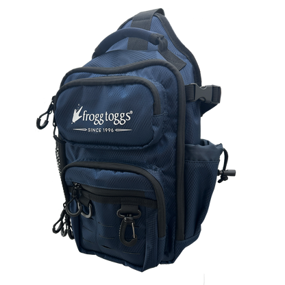 Blue sling bag with Frogg Toggs logo on a white background