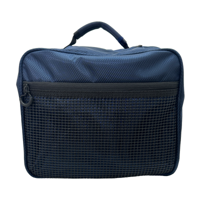 Blue fishing bag with grid pattern on a white background