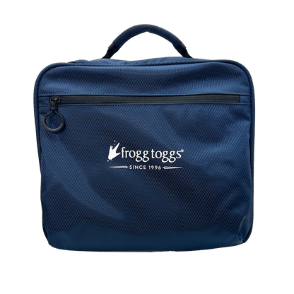 Blue fishing bag with Frogg Toggs logo on a white background