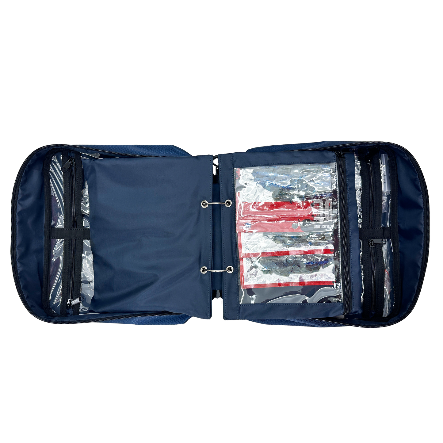 Open navy blue fishing tackle organizer with clear compartments on a white background
