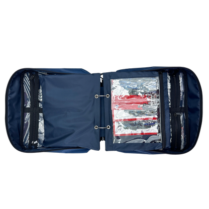 Open navy blue fishing tackle organizer with clear compartments on a white background