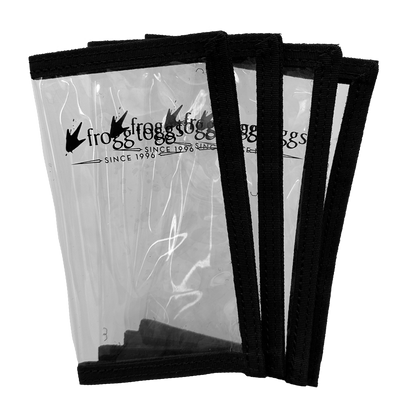 Clear plastic bags with black straps and visible branding on a white background