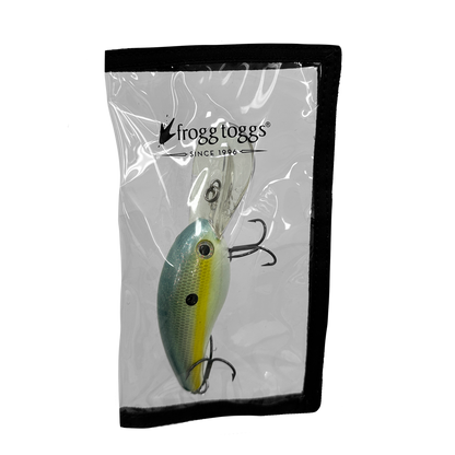 Fishing lure in a clear package with frogg toggs logo