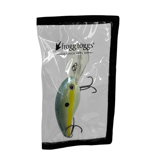 Fishing lure in a clear package with frogg toggs logo