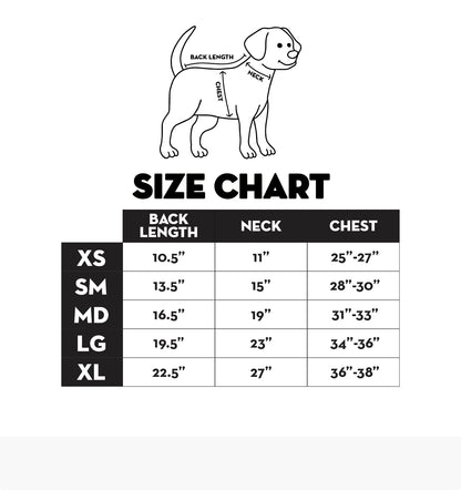 Dog size chart with measurements for back length, neck, and chest on a white background.