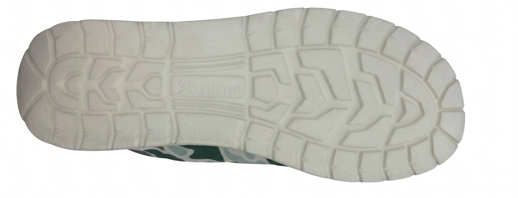 White sole of a shoe with tread pattern on a white background