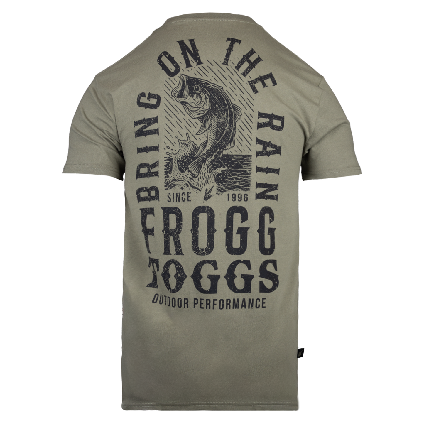 Green t-shirt with Frogg Toggs logo and text on the back