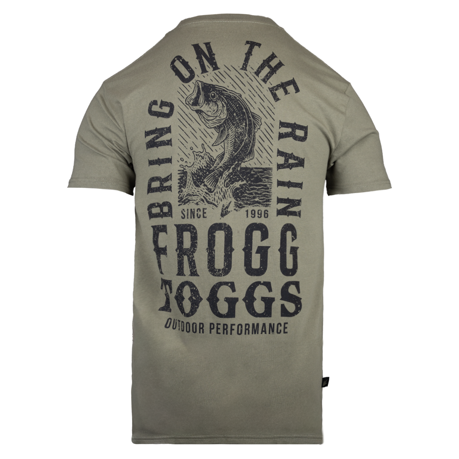 Green t-shirt with Frogg Toggs logo and text on the back