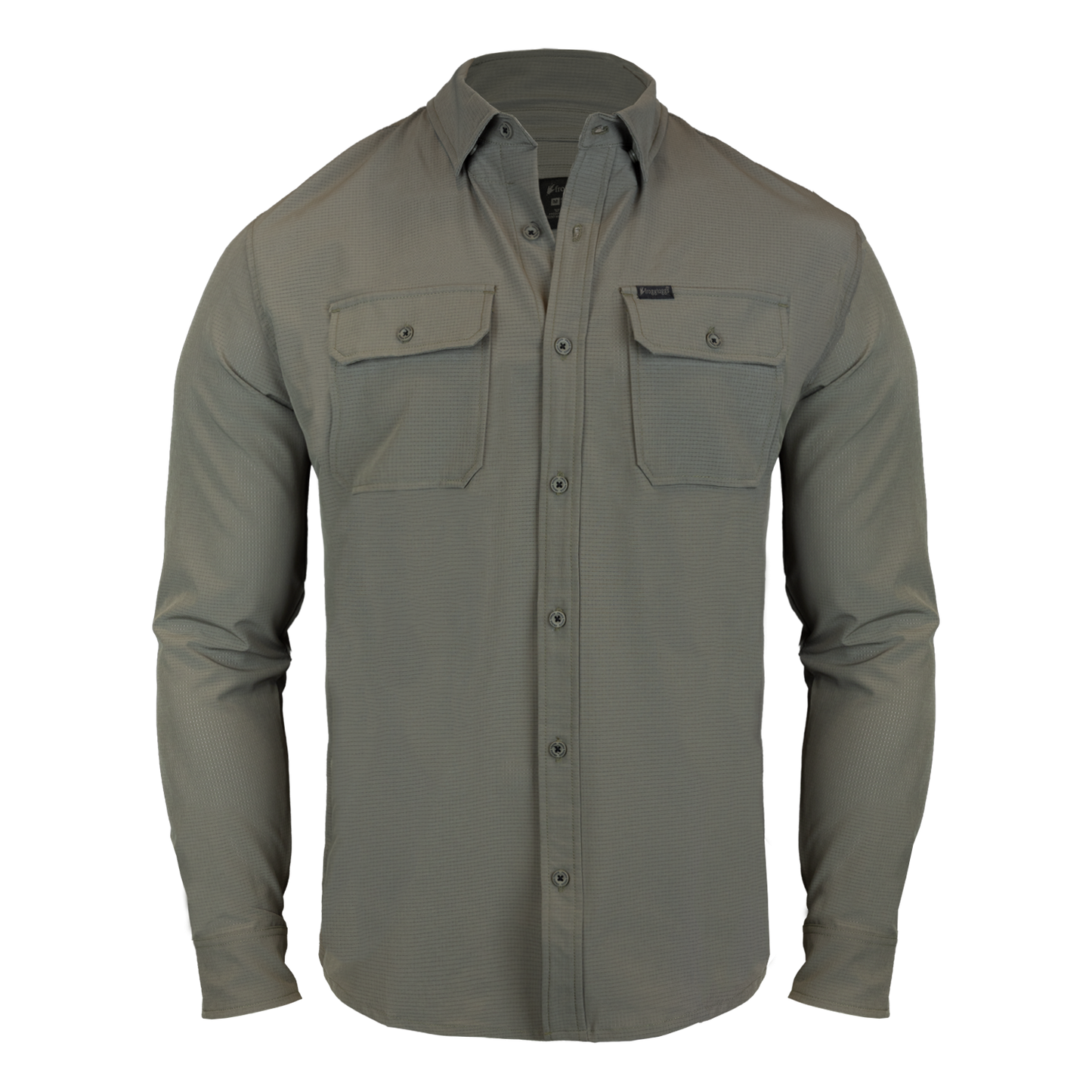 Gray button-up shirt with two front pockets on a white background