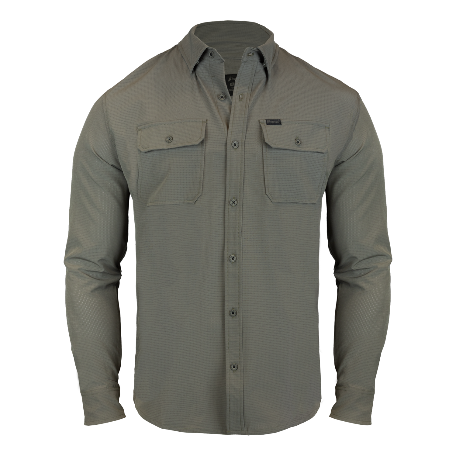 Gray button-up shirt with two front pockets on a white background