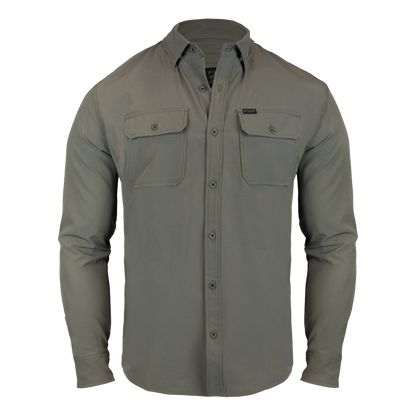 Gray button-up shirt with two front pockets on a white background