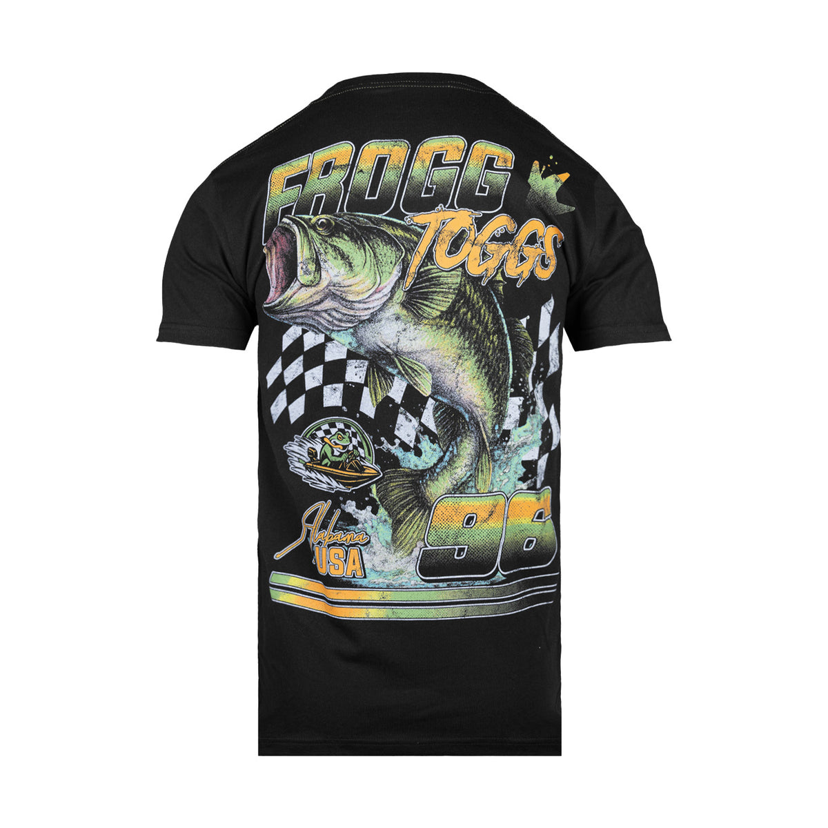 A black short-sleeve t-shirt shown from the back, featuring a large graphic print of a largemouth bass, the text 'FROGG TOGGS', a checkered flag pattern, and the number 88.