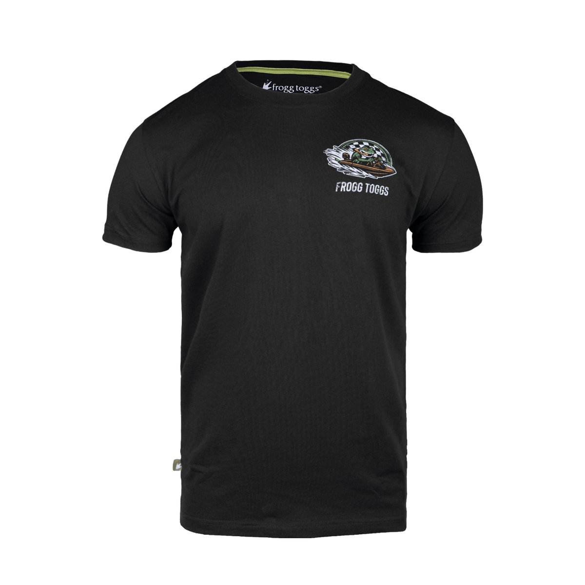 Black t-shirt with a logo on the chest against a white background