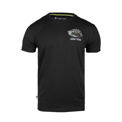 Black t-shirt with a logo on the chest against a white background