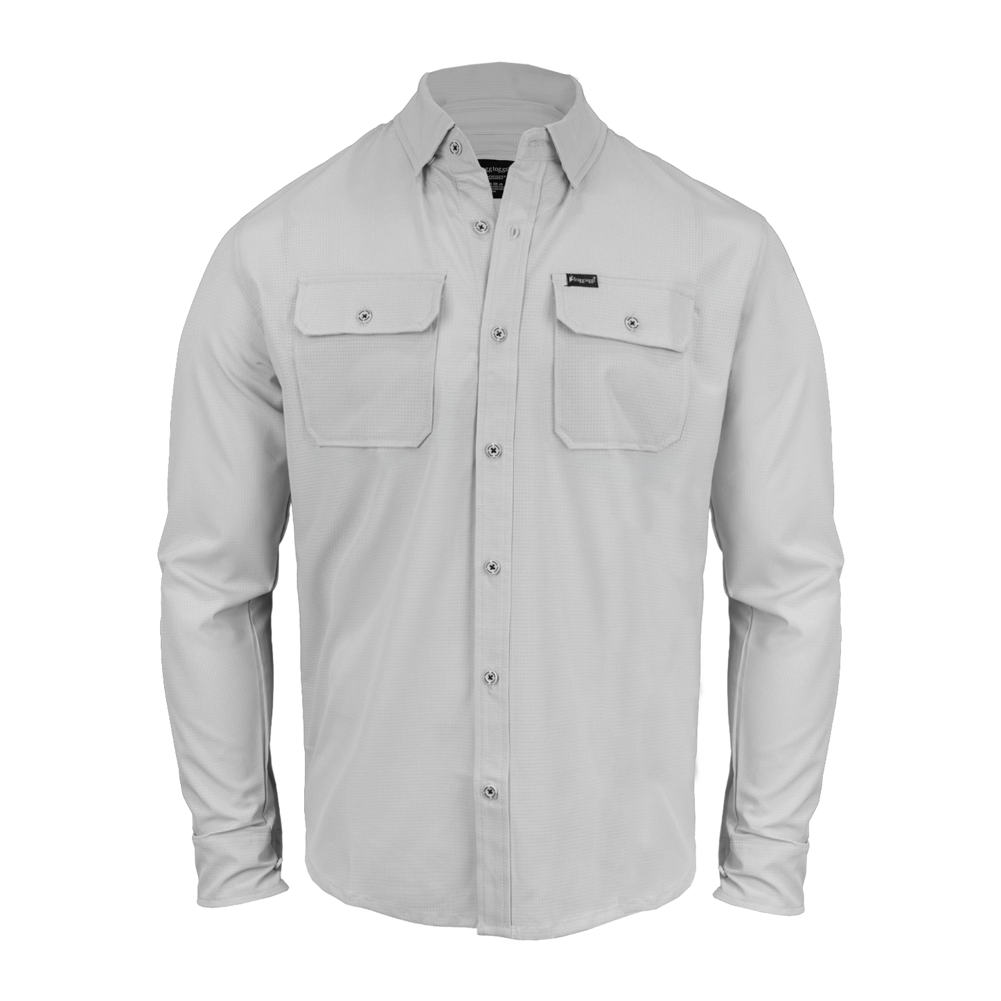 Light gray button-up shirt with two front pockets on a white background