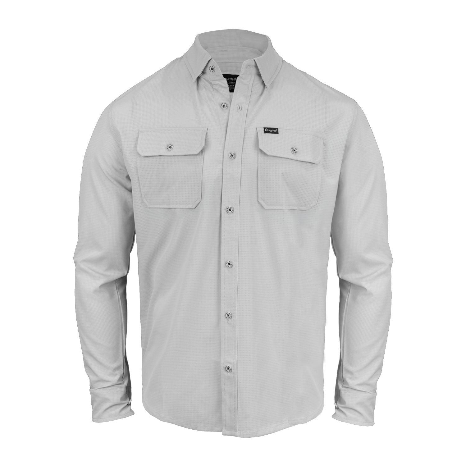 Light gray button-up shirt with two front pockets on a white background