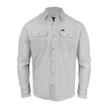 Light gray button-up shirt with two front pockets on a white background