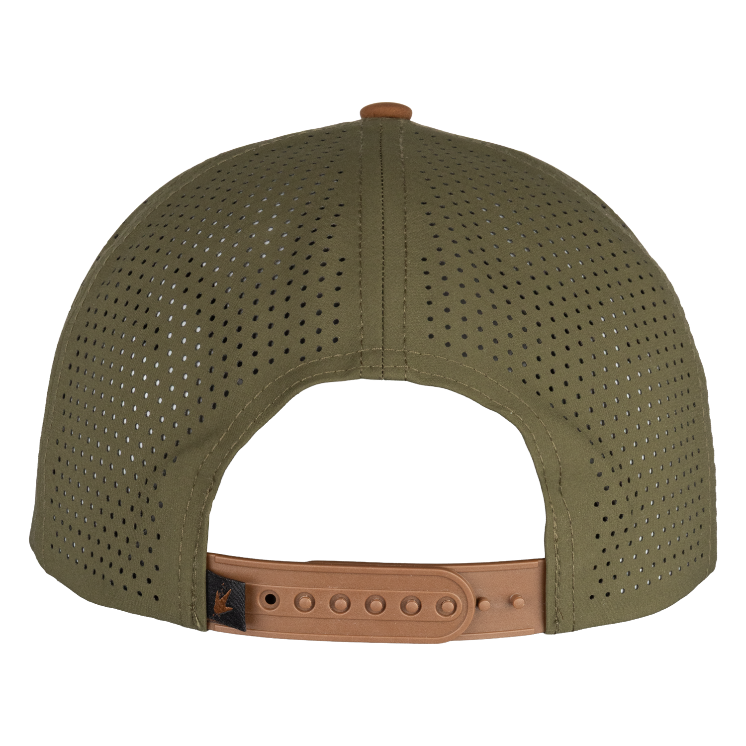 Green cap with brown leather strap on a white background