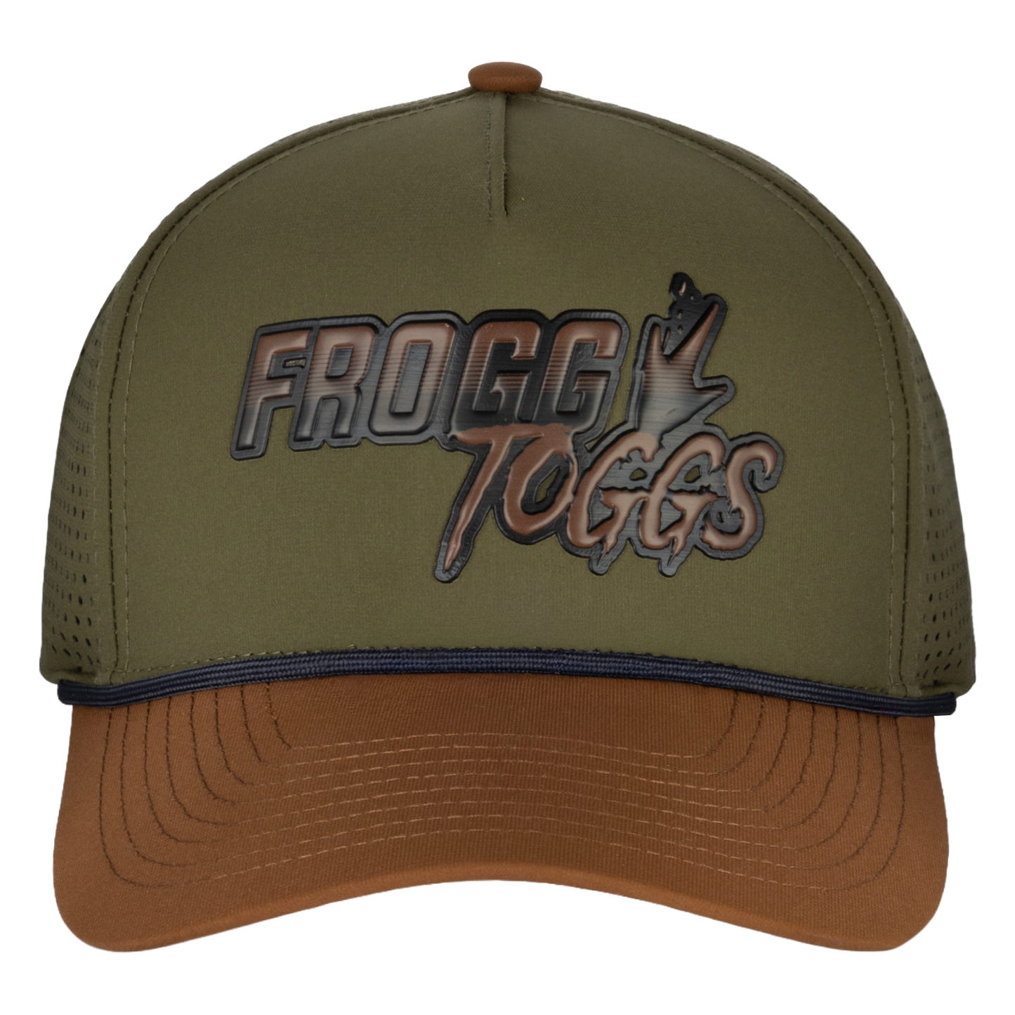 Green and brown cap with 'Frogg Toggs' logo on a white background