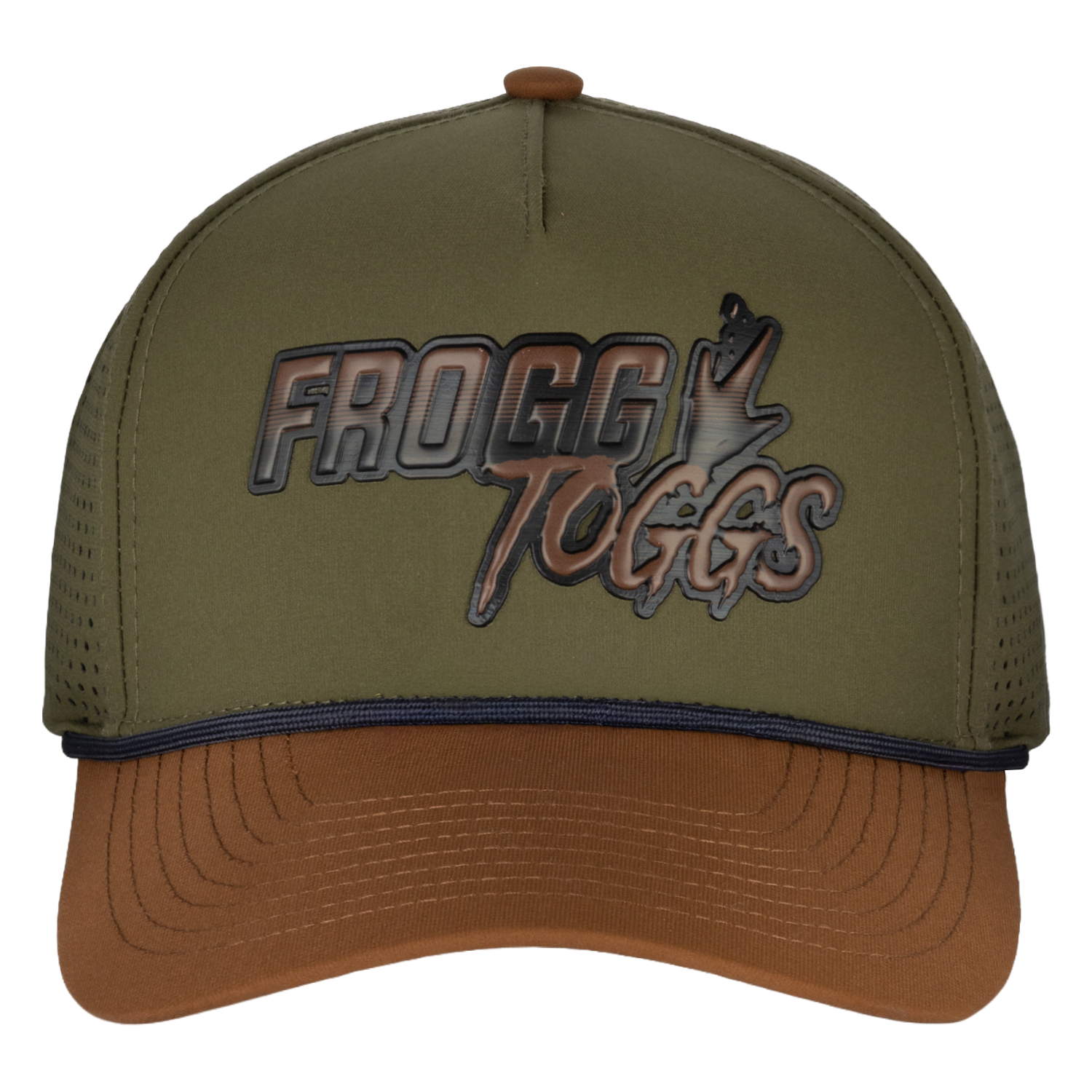 Green and brown cap with 'Frogg Toggs' logo on a white background