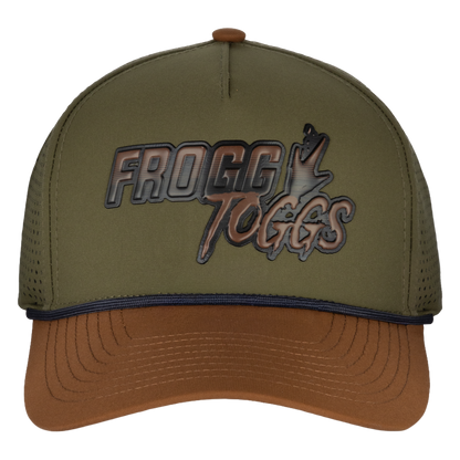Green and brown cap with 'Frogg Toggs' logo on a white background