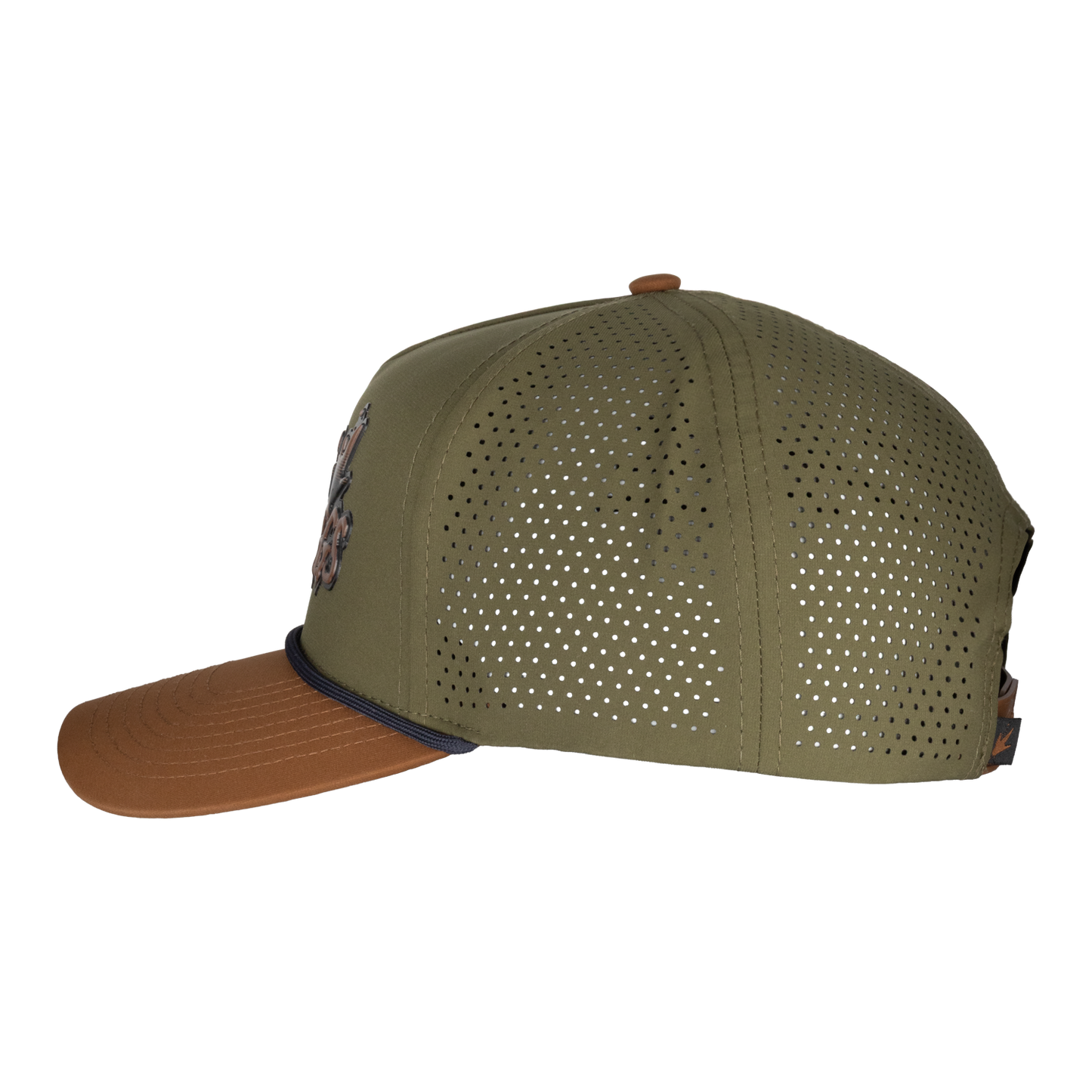 Green and brown baseball cap with mesh back on a white background