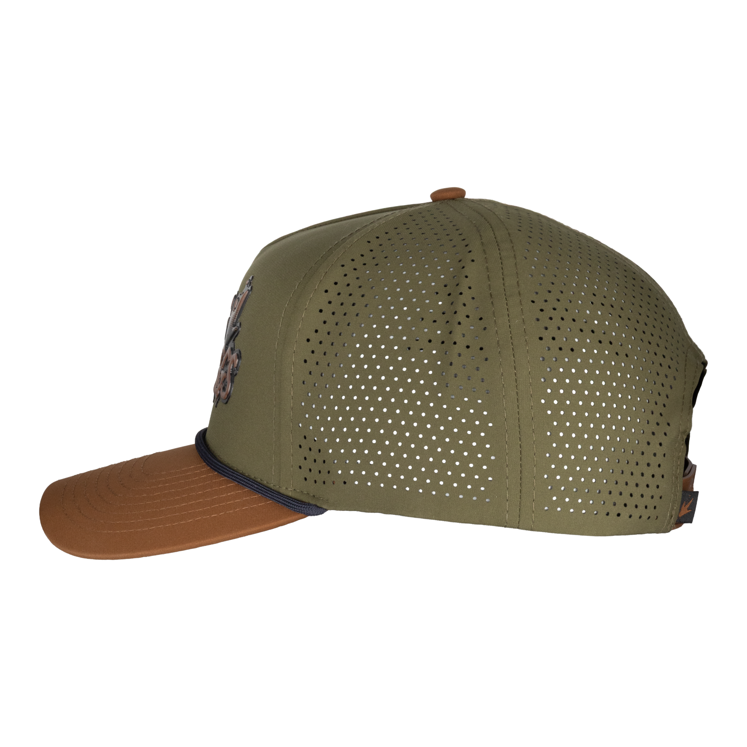 Green and brown baseball cap with mesh back on a white background