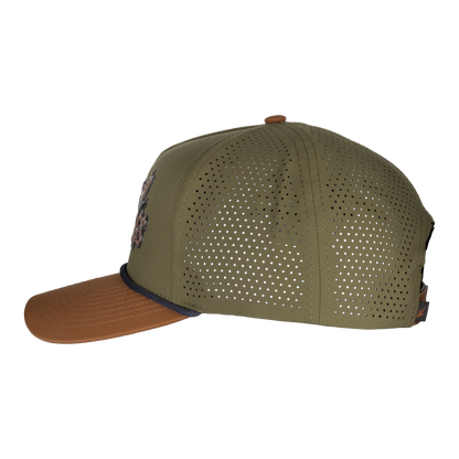 Green and brown baseball cap with mesh back on a white background