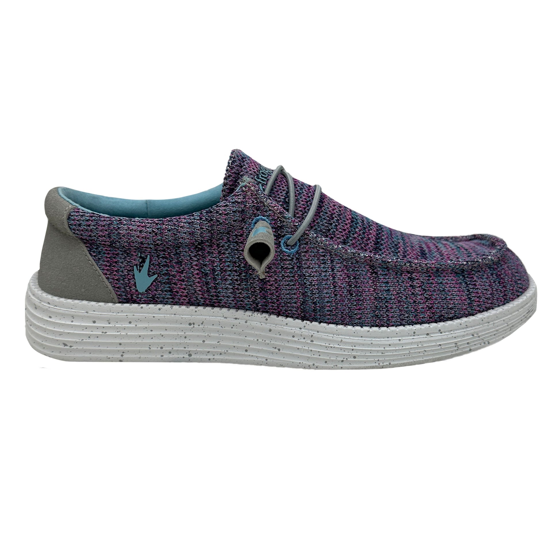 Vibrant purple and turquoise shoe with gray sole on a white background