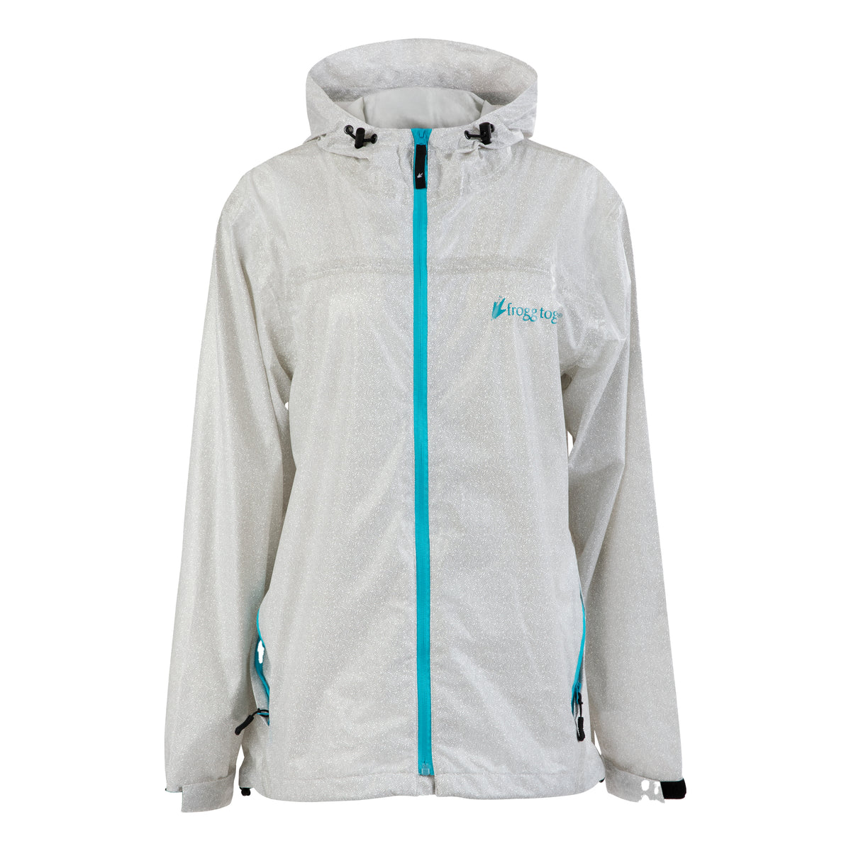 A light gray hooded rain jacket with a bright turquoise front zipper and matching zipper accents on the side pockets, featuring a small turquoise 'frogg toggs' logo on the left chest.