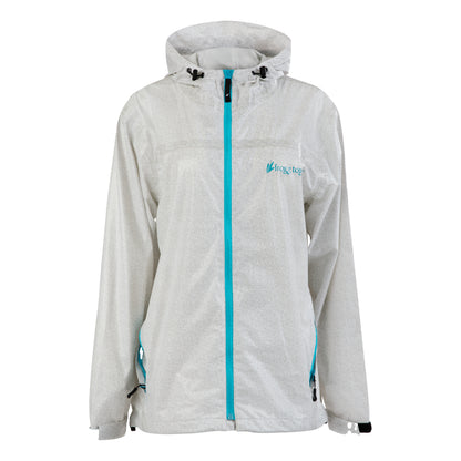 A light gray hooded rain jacket with a bright turquoise front zipper and matching zipper accents on the side pockets, featuring a small turquoise 'frogg toggs' logo on the left chest.