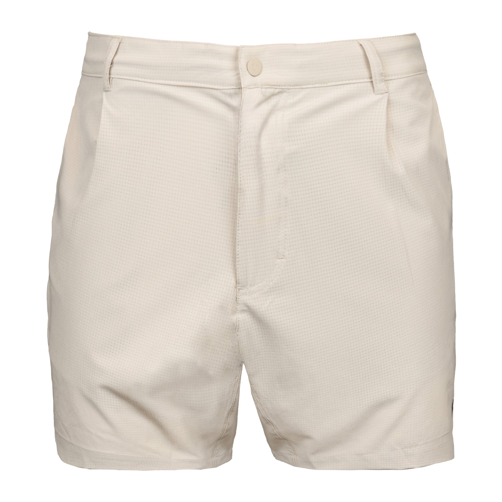 A pair of men's casual shorts in a light cream or off-white color, featuring a textured mesh fabric, belt loops, and a button closure, shown against a plain white background.