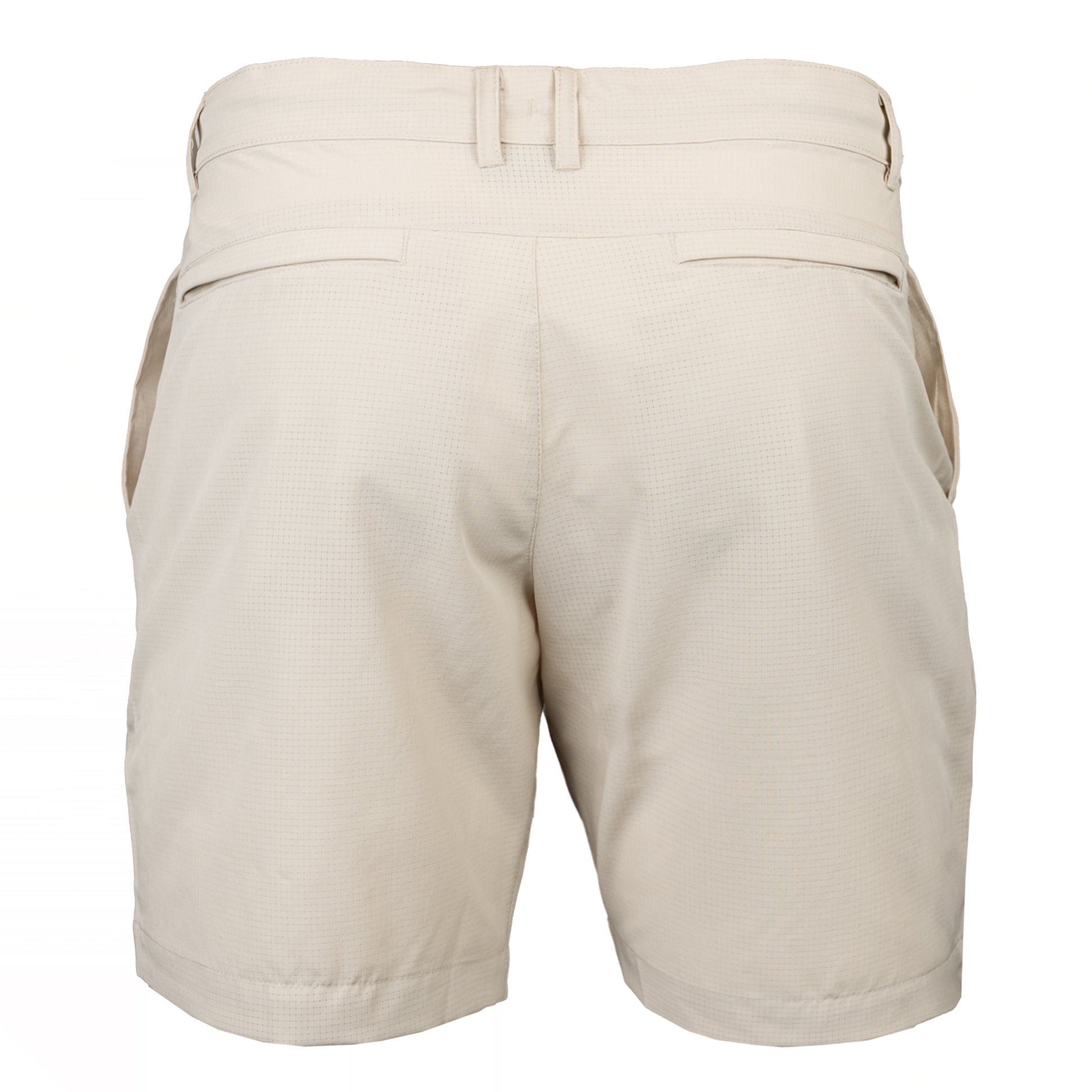 Back view of a pair of off-white frogg toggs shorts with a pleated waistband and side pockets, shown on a plain white background