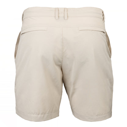Back view of a pair of off-white frogg toggs shorts with a pleated waistband and side pockets, shown on a plain white background