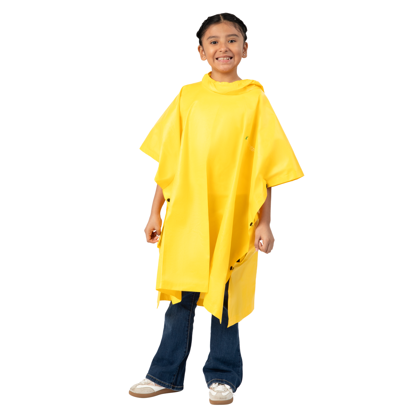 Child wearing a yellow rain poncho on a white background