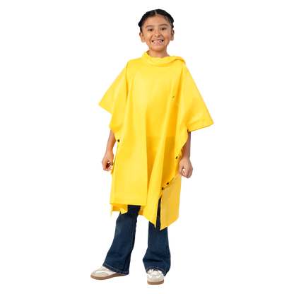 Child wearing a yellow rain poncho on a white background